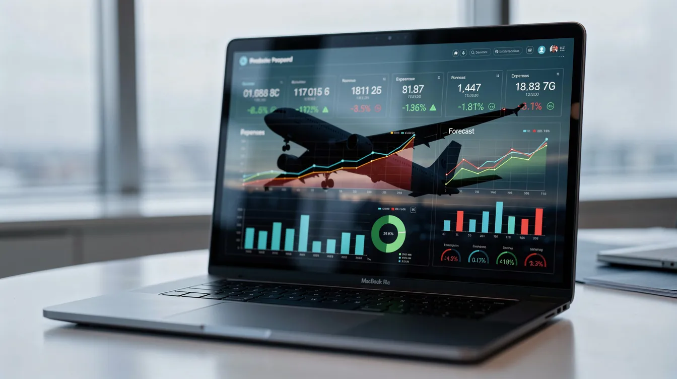 The image shows a close-up view of a financial dashboard displayed on a laptop screen, featuring graphs and data relevant to the private jet market, while an aircraft silhouette is reflected in the display. This visual representation highlights the investment potential and market dynamics of the private jet industry.
