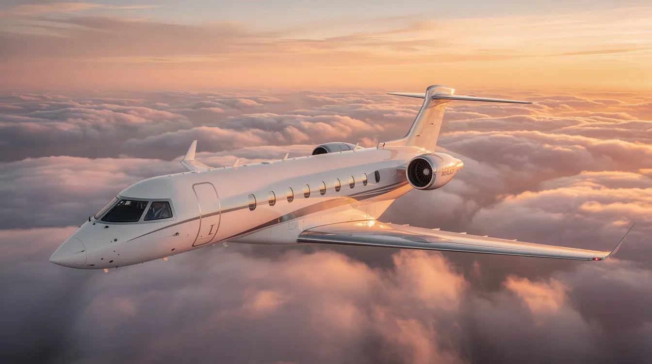 A sleek modern private jet soars gracefully above a sea of fluffy clouds during the golden hour, capturing the essence of luxury air travel. This image symbolizes the growing demand in the private jet market, appealing to investors and clients seeking comfort and exclusivity in their flights.