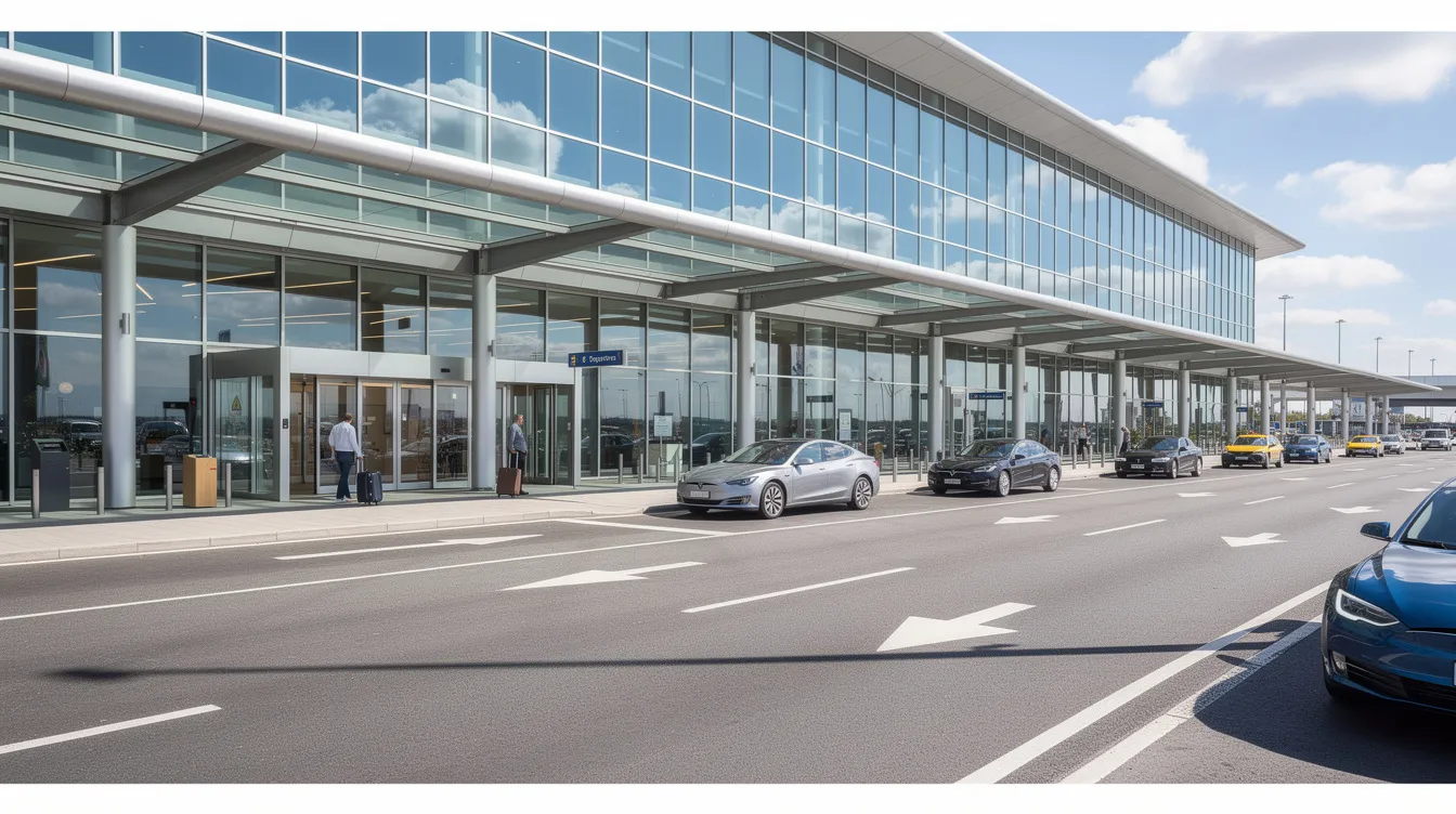 The image shows the exterior of an airport terminal with large glass windows and a covered drop-off lane, bathed in sunlight. This modern structure is likely part of the Destin-Fort Walton Beach Airport, providing easy access for passengers arriving or departing for various destinations.