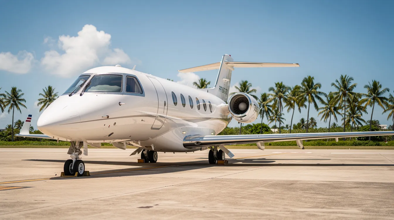 A small private jet is parked on a runway, surrounded by palm trees and a bright blue sky, creating a picturesque scene typical of the Destin area near Fort Walton Beach Airport. The tranquil setting highlights the aircraft's sleek design, emphasizing its role in business travel and leisure flights to beautiful beaches.
