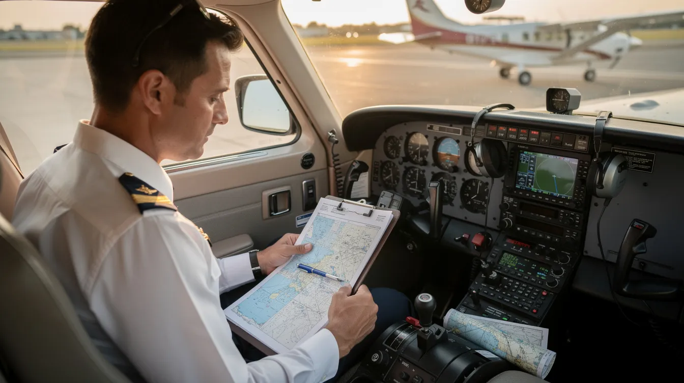 A pilot sits in the cockpit of a Cessna 172, intently reviewing charts and paperwork, including balance data and fuel calculations, as part of the preflight planning process. The cockpit is equipped with an avionics package and displays essential information for ensuring a successful flight.