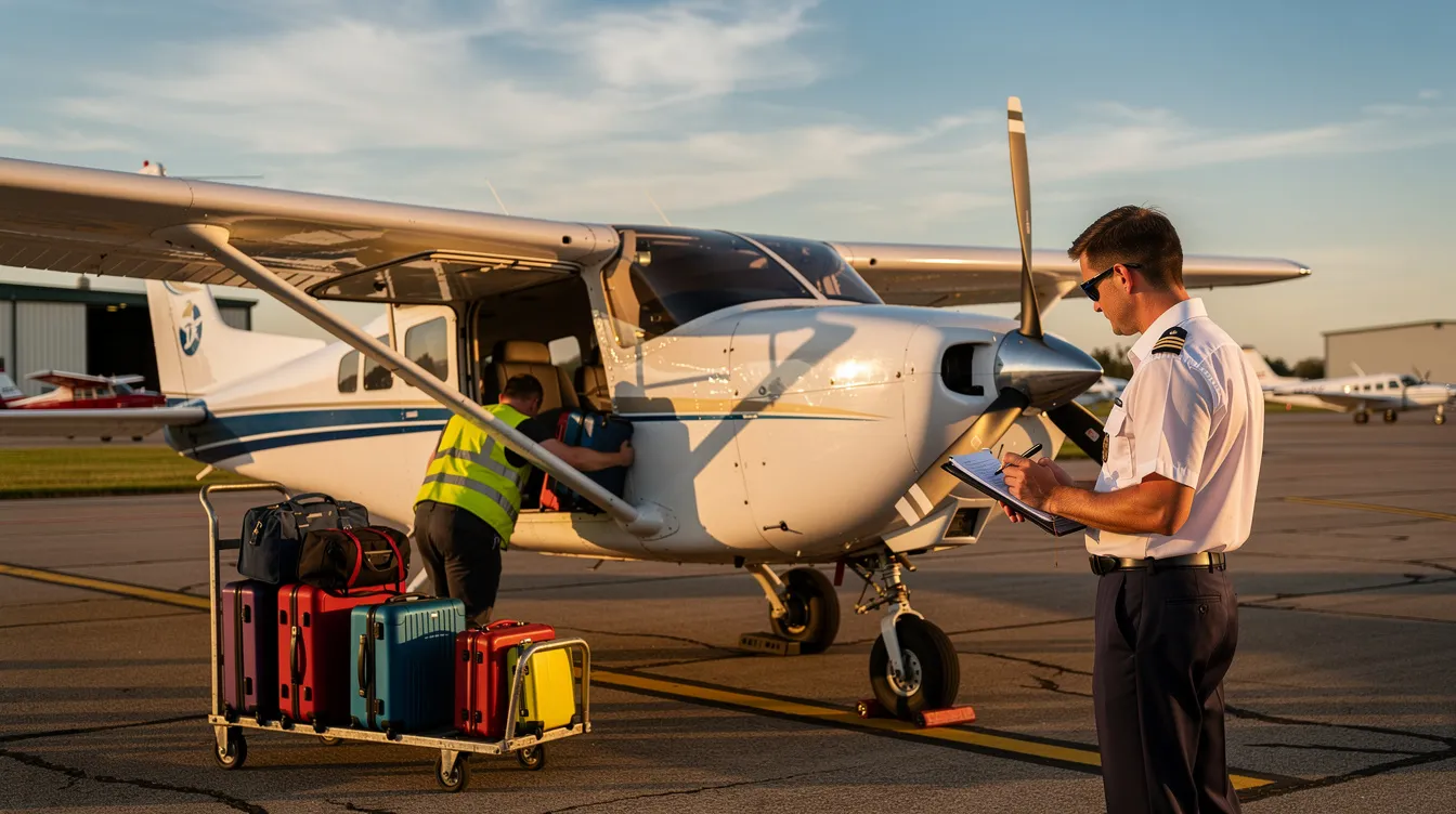 A small Cessna 172 airplane is being loaded with luggage while a pilot checks a clipboard near the wing, ensuring proper weight and balance calculations for a successful flight. The scene captures the essence of flight training as the aircraft prepares for takeoff with its maximum gross weight in mind.