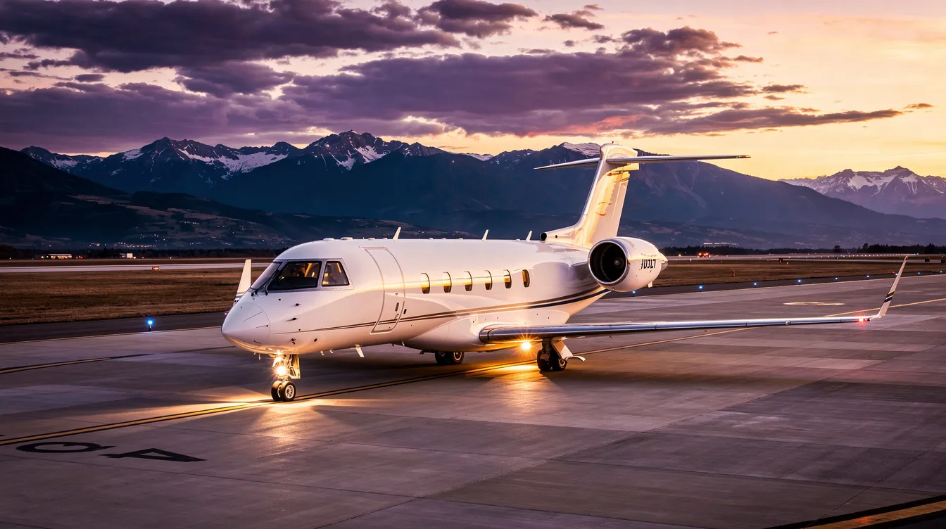 A sleek private jet is taxiing on a runway at sunset, with majestic mountains in the background. The aircraft, designed for personal use, showcases its tricycle landing gear and reflects the beauty of aviation history as it prepares for takeoff.