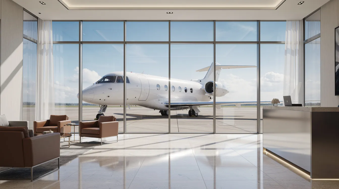 The image shows a small private terminal building with a sleek business jet visible through expansive floor-to-ceiling windows, set against a clear blue sky. This scene highlights the elegance of powered flight and the design features of modern aircraft, emphasizing the world of aviation and air travel.