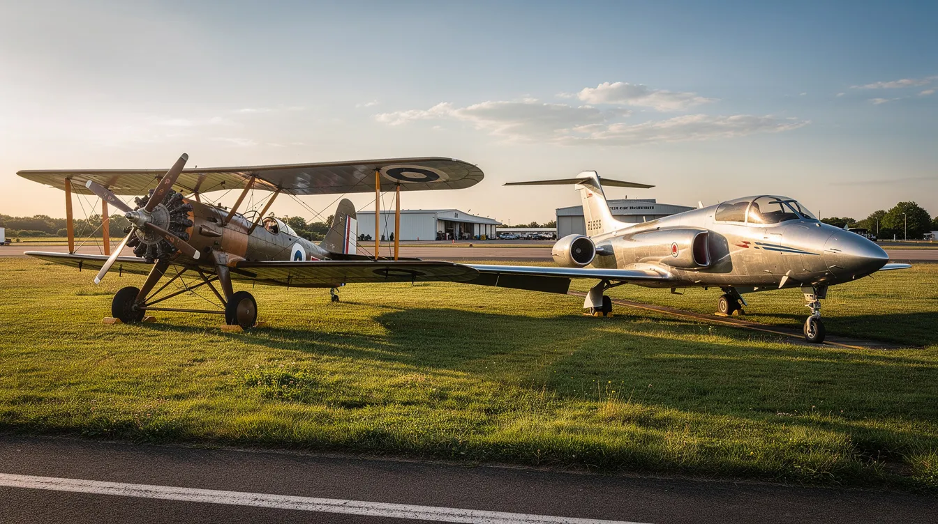 The image features a vintage biplane alongside a modern jet aircraft on a grassy airfield, showcasing the evolution of powered flight. The contrast between the classic design of the fixed wing aircraft and the sleek, aerodynamic lines of the jet highlights advancements in aviation technology and aircraft engines.