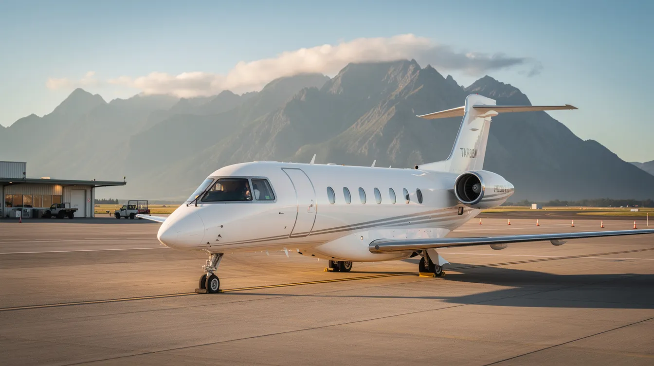 A sleek midsize private jet, designed for efficient powered flight, is parked on the tarmac of a small regional airport, with majestic mountains providing a scenic backdrop. The aircraft features advanced aerodynamic design and turbine engines, showcasing the beauty of modern aviation.