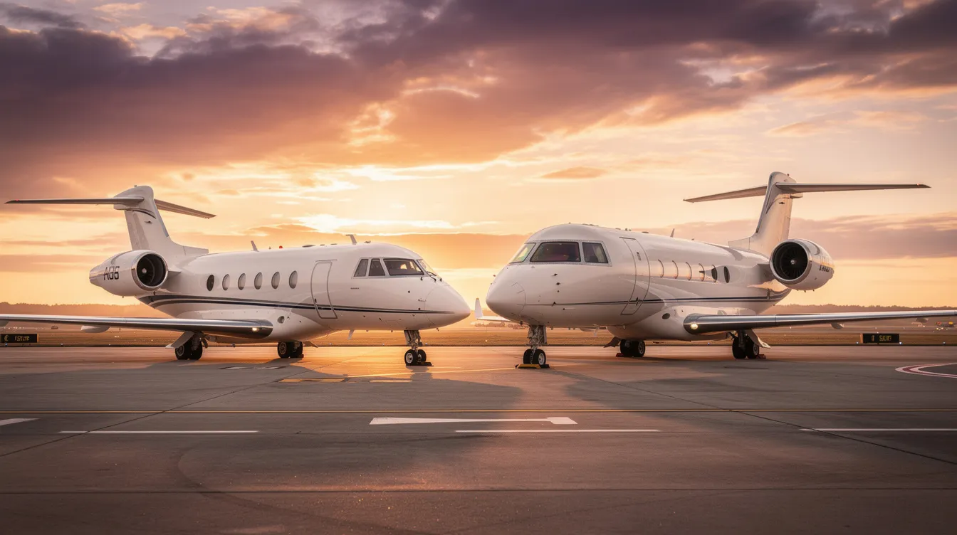 The image shows two private aircraft parked side by side on an airport ramp during sunset, highlighting their unique paint schemes. One is a Pilatus PC-12, a single engine turboprop known for its exceptional versatility and ability to transport up to nine passengers, while the other is a larger jet, illustrating the diverse options available in the charter market for passenger transport.