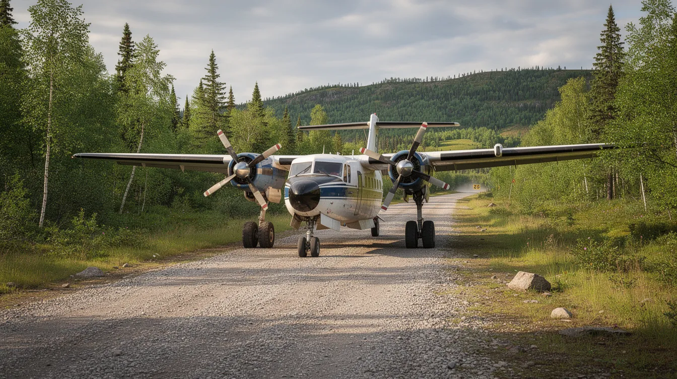 A single-engine turboprop aircraft, specifically a Pilatus PC-12, is parked on a short gravel runway surrounded by lush green forest. This versatile aircraft, capable of transporting up to nine passengers, features a unique paint scheme and is designed for exceptional performance in the charter market.