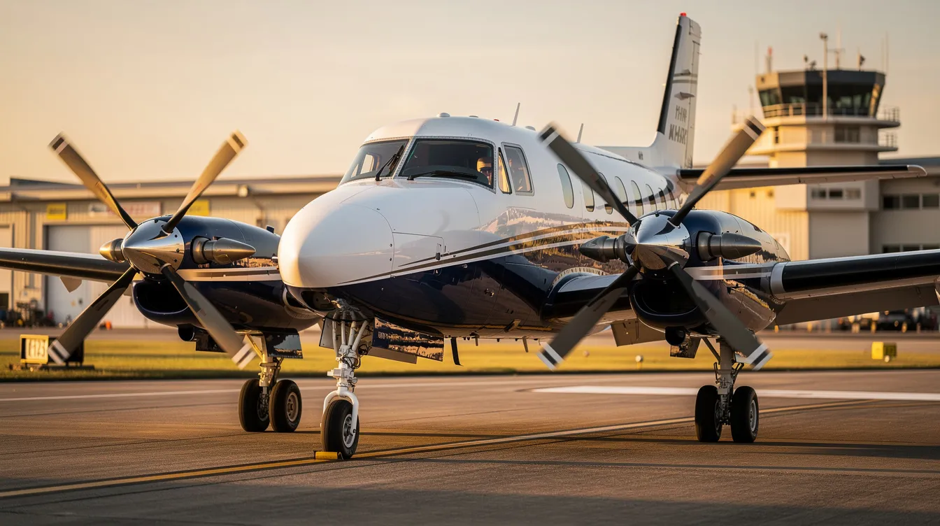The image features a sleek Blackhawk King Air airplane, showcasing its enhanced performance leading edges and dual aft body strakes. The aircraft is designed for higher altitudes and is equipped with a ram air recovery system, highlighting its advanced engineering by Hawker Beechcraft.