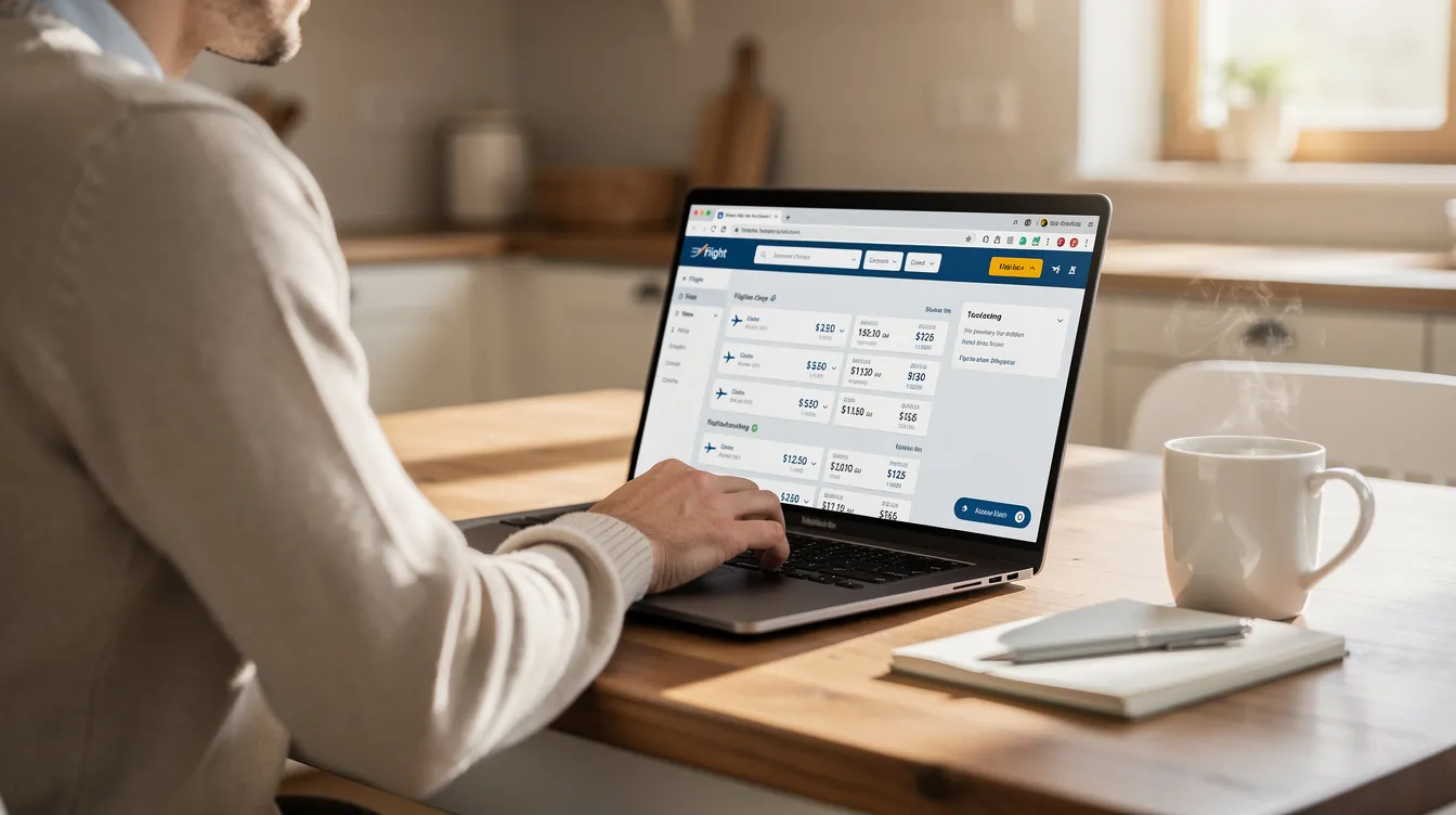 A person is sitting at a kitchen table, focused on a laptop screen displaying various flight options, while a coffee mug sits nearby. They are comparing prices for domestic flights, likely searching for last minute flight deals to find cheap flights for their next trip.