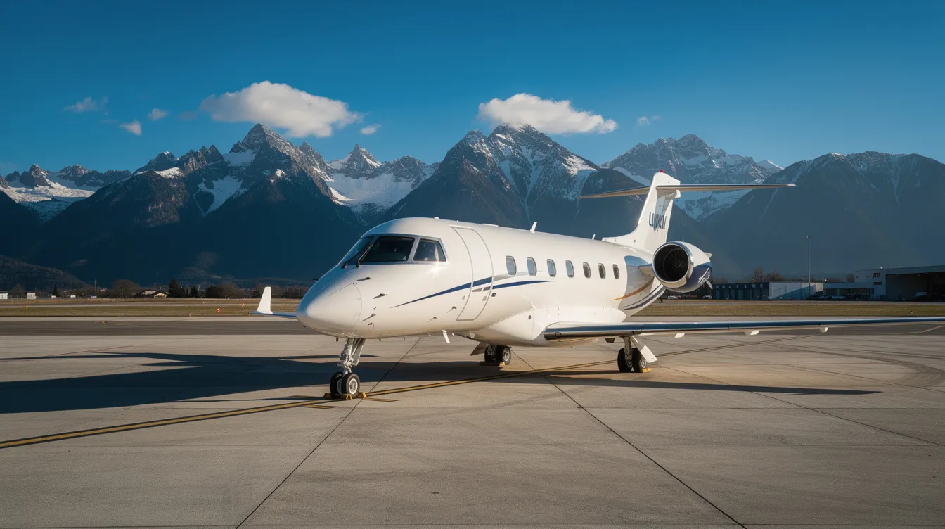 A small private jet is parked on a tarmac, with majestic mountains in the background under a clear blue sky. This serene scene evokes the excitement of upcoming travel, highlighting the allure of charter flights and last minute flight deals for those seeking adventure.