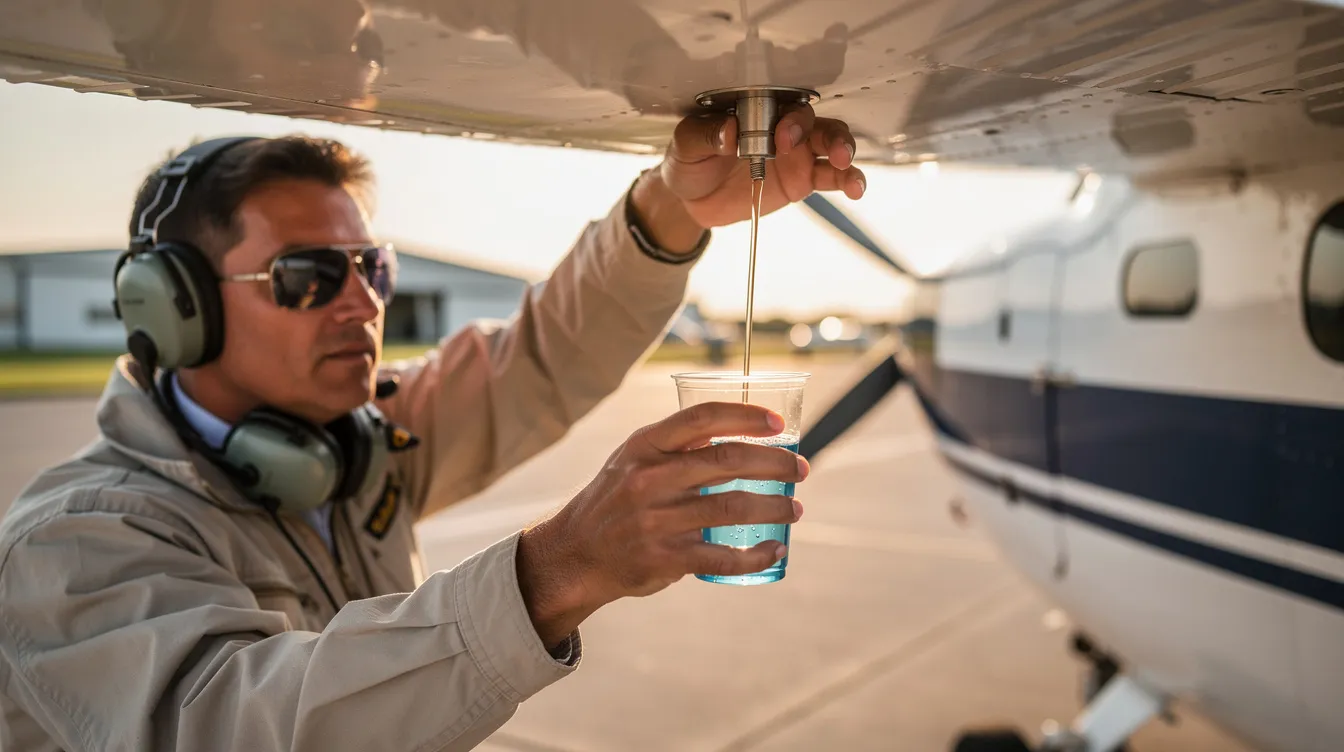 A pilot is using a clear cup to drain a fuel sample from the left wing sump of a small single-engine airplane, likely a Cessna 172, as part of a pre-flight inspection to ensure adequate fuel management and safety before the training flight. The visual inspection helps verify the fuel quality and levels in the fuel tanks, contributing to reliable operation during flight.