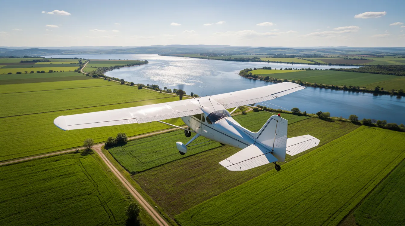 A small single-engine Cessna 172 airplane is soaring above lush green farmland, with a winding river visible below. The aircraft, designed for flight training, showcases its high wing design as it maintains level flight, emphasizing the importance of adequate fuel management during its journey.
