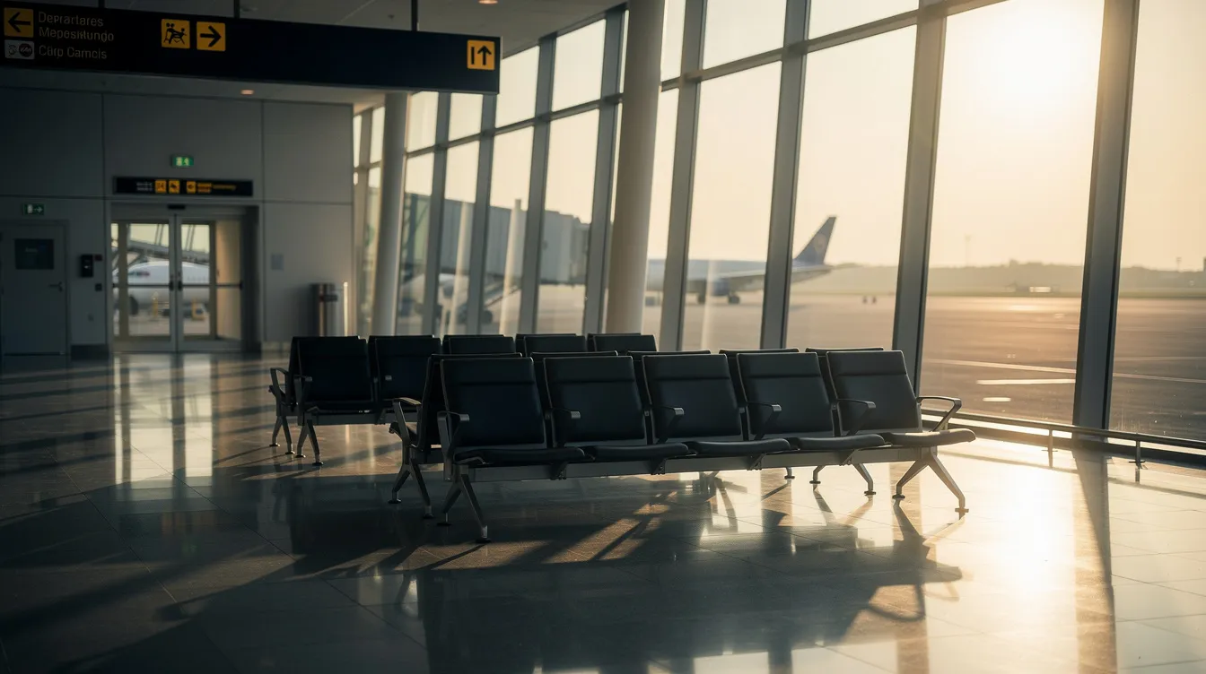 The image shows an empty departure gate at an airport terminal, illuminated by soft morning light streaming through large windows. This serene scene evokes a sense of anticipation for upcoming flights, highlighting the importance of booking early to secure the best deals on airline tickets.
