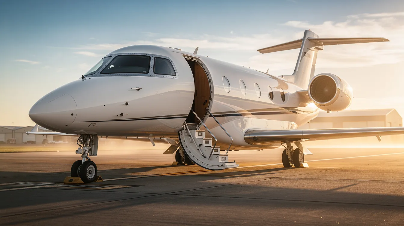 A small private jet is parked on a sunlit tarmac with its cabin door open, inviting travelers for a luxurious flight experience. This scene highlights the allure of private air travel, where savvy travelers can enjoy significant savings compared to traditional airline ticket prices.