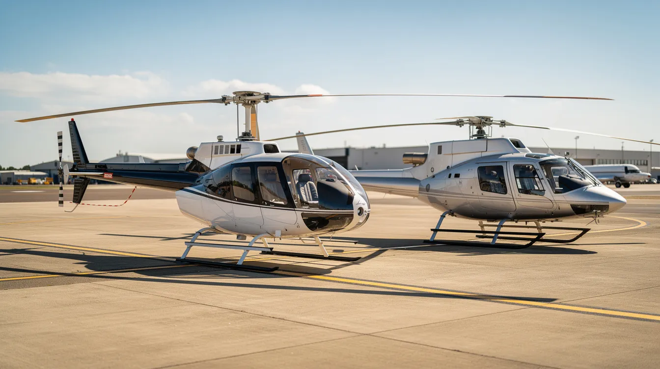 The image shows a small Robinson R44 helicopter parked next to a larger turbine helicopter on a sunny tarmac, highlighting the contrast between the two types of aircraft. The R44, which typically uses aviation gasoline, is positioned alongside a turbine helicopter that likely operates on jet fuel, showcasing the diversity within the aviation industry.