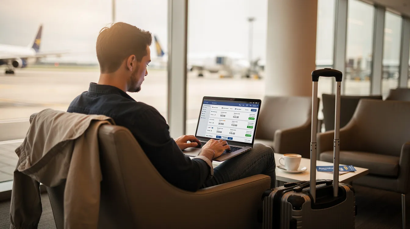 A person is seated in an airport lounge, intently focused on their laptop screen as they compare flight options for international trips. They are likely exploring different airlines and flight prices to find the best deals for their upcoming travel plans.