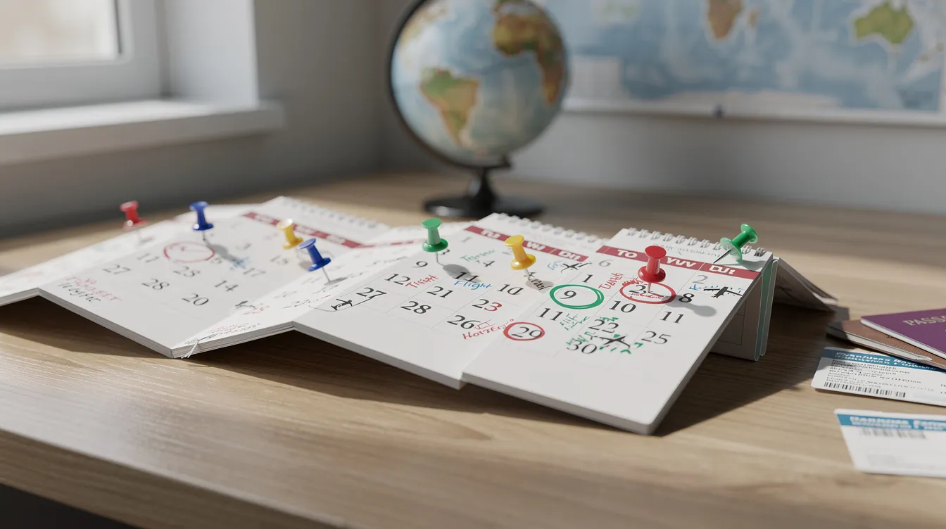 The image features a desk calendar with vibrant colored pins indicating various travel dates for international trips and domestic flights throughout the year. This visual representation helps travelers organize their travel plans and keep track of important booking windows for the best flight prices.