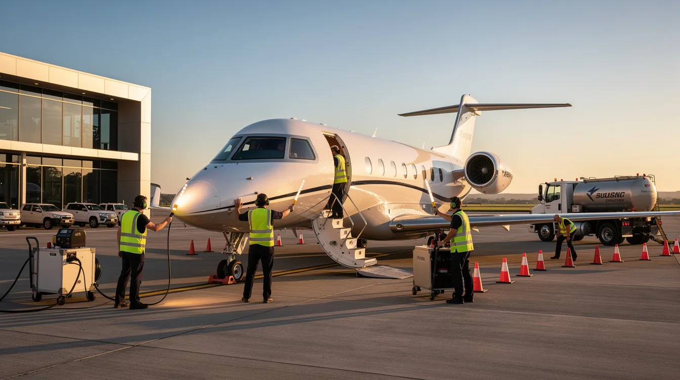 A ground crew is seen working diligently around a sleek private jet parked at an FBO facility, preparing for the aviation fueling process. The team is engaged in refueling operations, ensuring the aircraft is ready for takeoff with high-quality jet fuel.