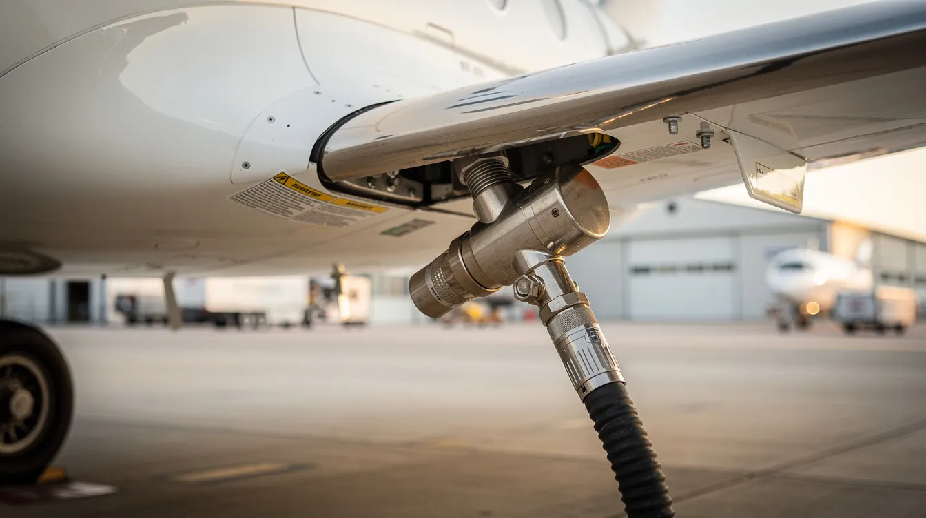 A close-up image shows a fuel nozzle being inserted into the wing tank of a business jet, highlighting the aviation fueling process essential for refueling aircraft efficiently and safely. The scene emphasizes the importance of quality jet fuel in the aviation industry, ensuring reliable operations for commercial airlines.
