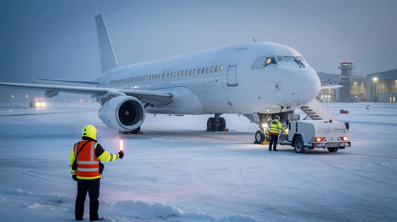 A commercial aircraft is parked at a snowy northern airport, surrounded by ground crew members preparing for operations in cold weather. The scene highlights the challenges of aviation in very cold climates, where specialized jet fuel is essential for optimal aircraft performance and safety.