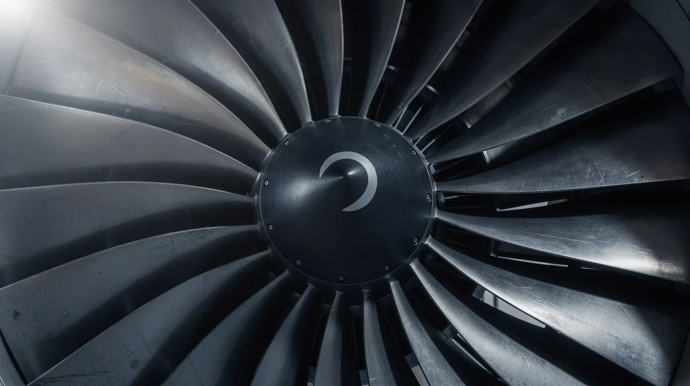 A close-up view of a large jet engine turbine showcases its metallic fan blades, which reflect light beautifully. This intricate component is essential for jet propulsion and highlights the advanced engineering involved in aviation, particularly in optimizing performance with various types of jet fuel.