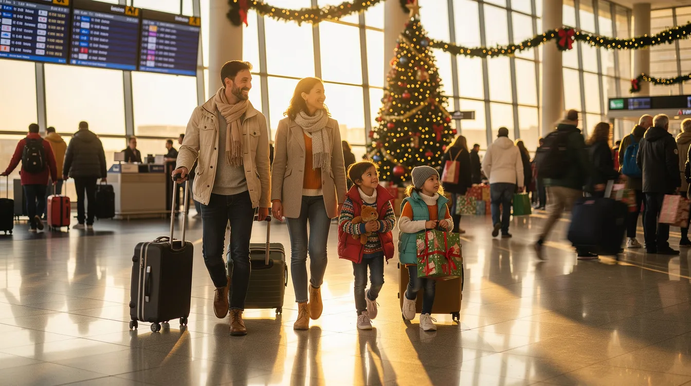 A family is seen walking through a bustling airport terminal, carrying luggage as they navigate the crowd during the holiday season. The scene captures the excitement and hustle of air travel, with travelers making their way to various destinations, likely in search of the best deals on flights for their winter holidays.