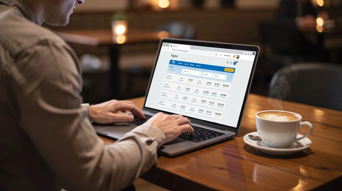 A person is sitting at a desk, comparing flight prices on a laptop screen while sipping coffee, indicating a focus on planning travel for upcoming domestic trips. The scene suggests they are searching for the best deals to save money on air travel, possibly for winter holidays or Christmas Day.