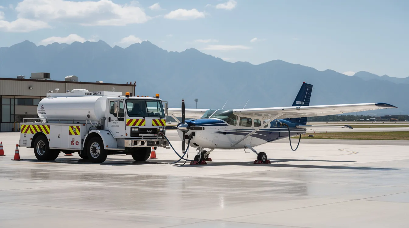 A fuel truck is parked beside a small airplane on the airport tarmac, with majestic mountains visible in the distance. This scene highlights the importance of aviation fuel, including sustainable aviation fuel options, in supporting flight operations and ensuring fuel efficiency for small aircraft.