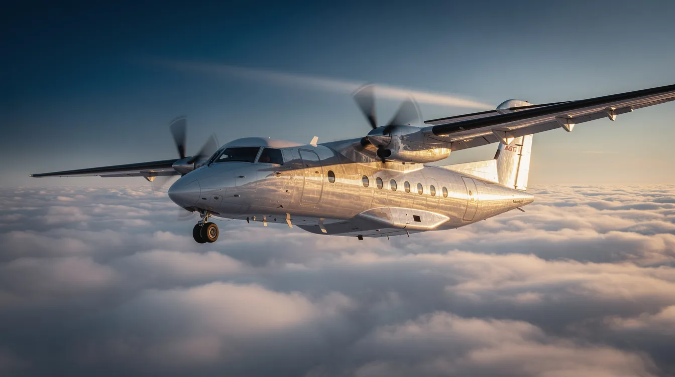 A sleek turboprop aircraft soars above fluffy clouds, with sunlight glinting off its wings, showcasing the beauty of aviation. This small aircraft represents advancements in fuel efficiency and lower emissions, highlighting the importance of sustainable aviation fuel in modern flight.