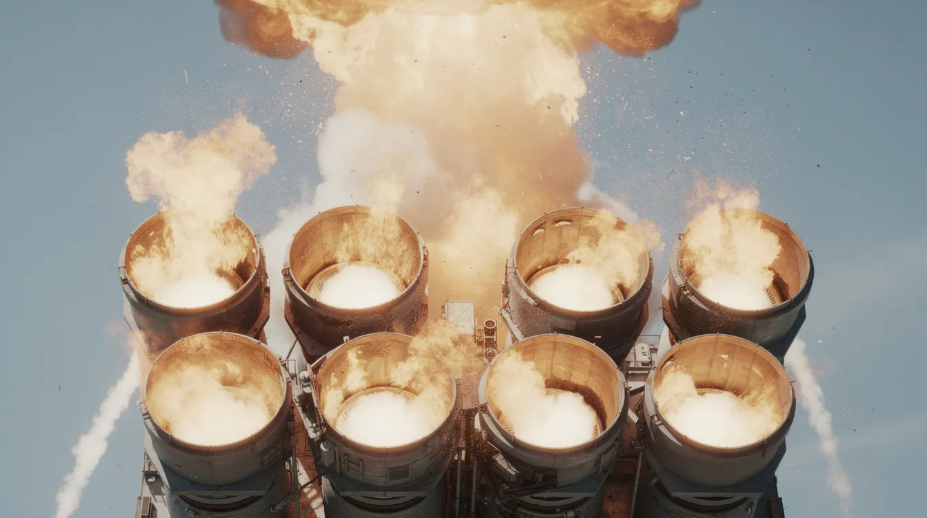 A close-up view of multiple large rocket engines igniting, producing bright orange flames against a clear blue sky, showcasing the power and intensity of the launch at a space exploration site. This image captures the moment of ignition, highlighting the technology involved in space vehicles designed for missions beyond Earth.
