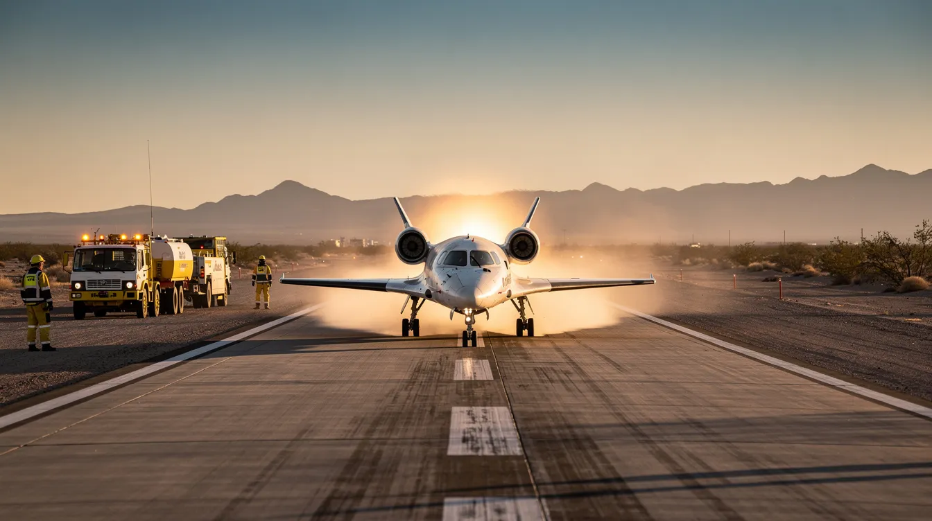 A small reusable spaceplane is landing on a runway in a desert environment, surrounded by support vehicles ready to assist. The scene captures the essence of space exploration, highlighting the advancements in space shuttle technology and the potential for future missions.