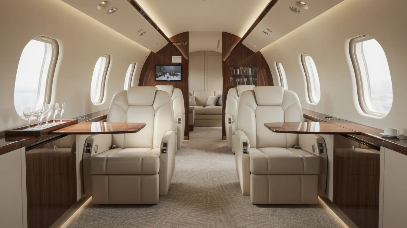 The image depicts the interior of a luxurious large-cabin private jet, featuring cream leather seats and elegant wood-grain finishes, creating an atmosphere of comfort and sophistication for travelers. This private aviation experience offers impeccable service and amenities, making it perfect for those seeking luxury travel options, including empty leg flights.