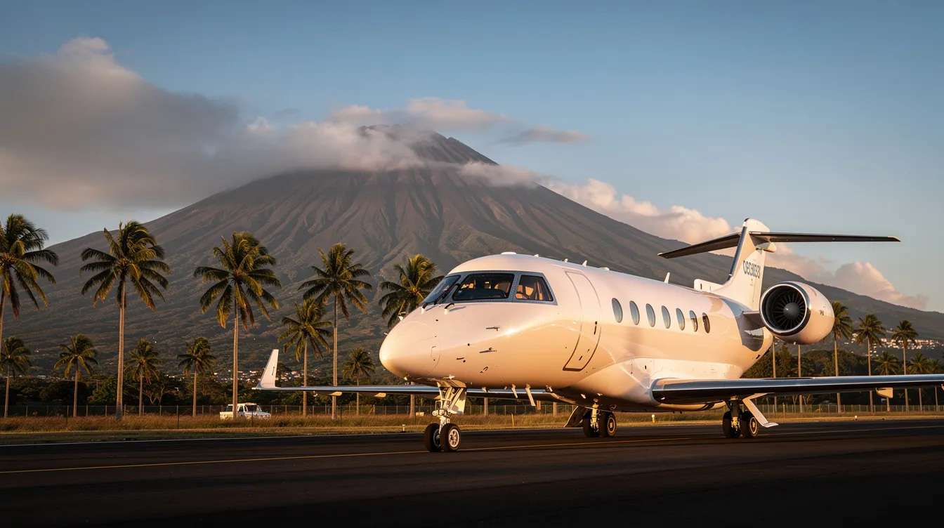 A sleek private jet is parked on a runway, surrounded by lush palm trees and towering volcanic mountains in the background, embodying the luxury of private aviation in Hawaii. This scene highlights the allure of private jet flights, offering travelers a perfect escape to paradise.