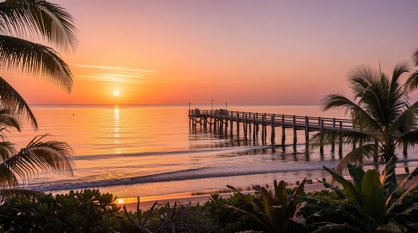 The image depicts a serene sunset over calm ocean waters, with a wooden pier extending into the horizon and lush tropical vegetation framing the scene. This tranquil setting evokes a sense of escape, perfect for those planning a trip to Key West, where direct flights from New York can be booked for a relaxing getaway.