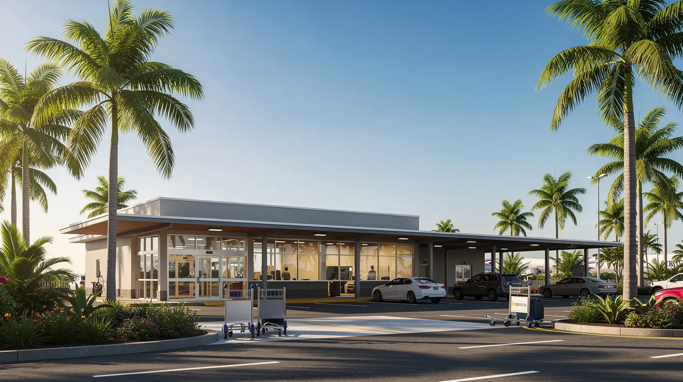 The image depicts a small airport terminal building surrounded by lush palm trees under a clear blue sky, suggesting a tropical atmosphere ideal for travelers seeking flights to Key West. The scene evokes a sense of relaxation and adventure, perfect for those looking to book flights or explore the beautiful Florida Keys.