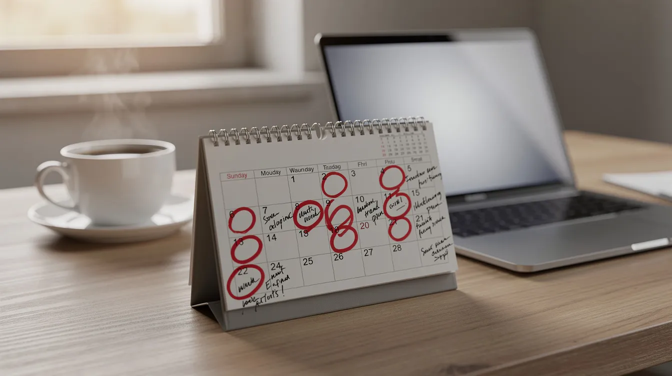 The image shows a desk calendar with several dates circled in red, indicating important travel plans, placed next to a laptop and a steaming cup of coffee. This setup is perfect for business travelers planning to book flights, as they can easily track flight prices and find the best deals for their upcoming trips.