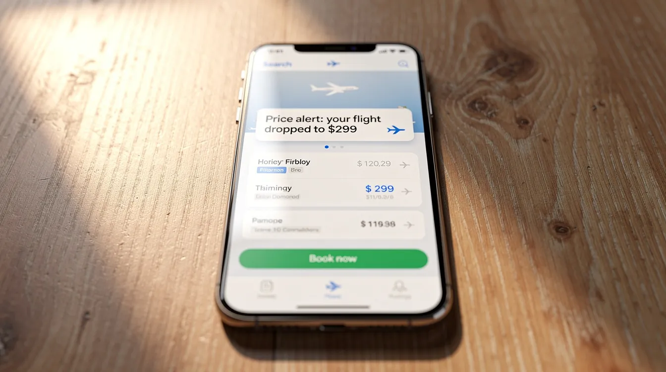 A smartphone is placed on a wooden table, displaying a flight search app with a price notification alerting users about flight prices dropping. This app helps travelers track flight prices and find cheap flights for both domestic and international trips.