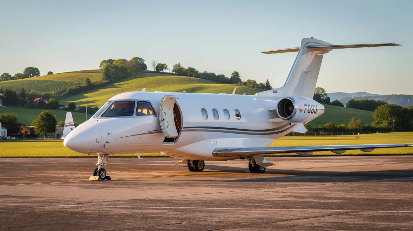 A small private jet is parked on the tarmac of a regional airport, surrounded by lush green hills, creating a serene atmosphere ideal for business travelers and vacationers. This image emphasizes the allure of booking domestic flights to scenic destinations, where travelers can enjoy both tranquility and cost savings.