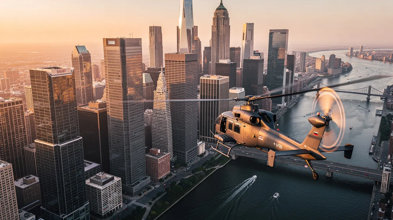 A helicopter is flying low over a bustling city skyline filled with towering skyscrapers, with a river visible below. The image captures the vibrant urban landscape, highlighting the scale and size of the buildings, while also evoking thoughts about the fuel cost and energy factors associated with aviation.