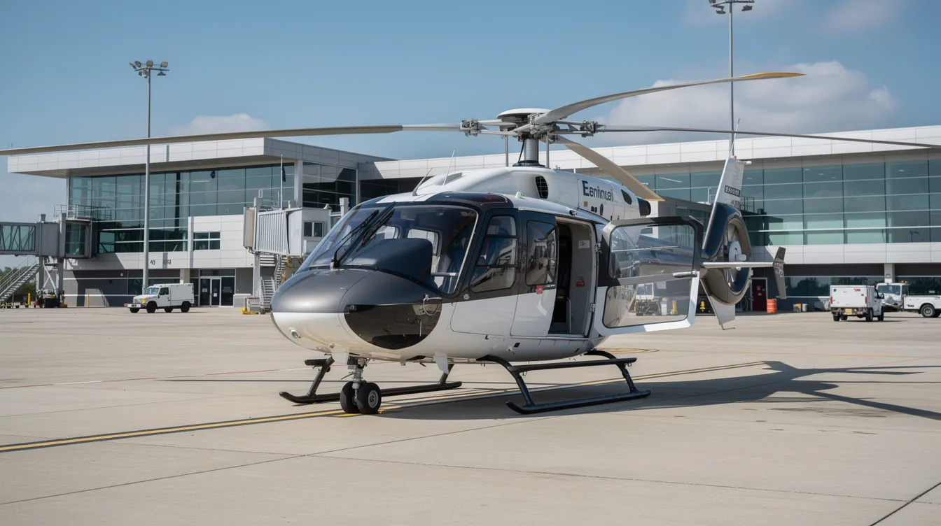 A modern helicopter is parked on an airport ramp, with sleek terminal buildings visible in the background. This scene highlights the aviation industry, where factors like fuel price and jet fuel costs play a significant role in airline operations.