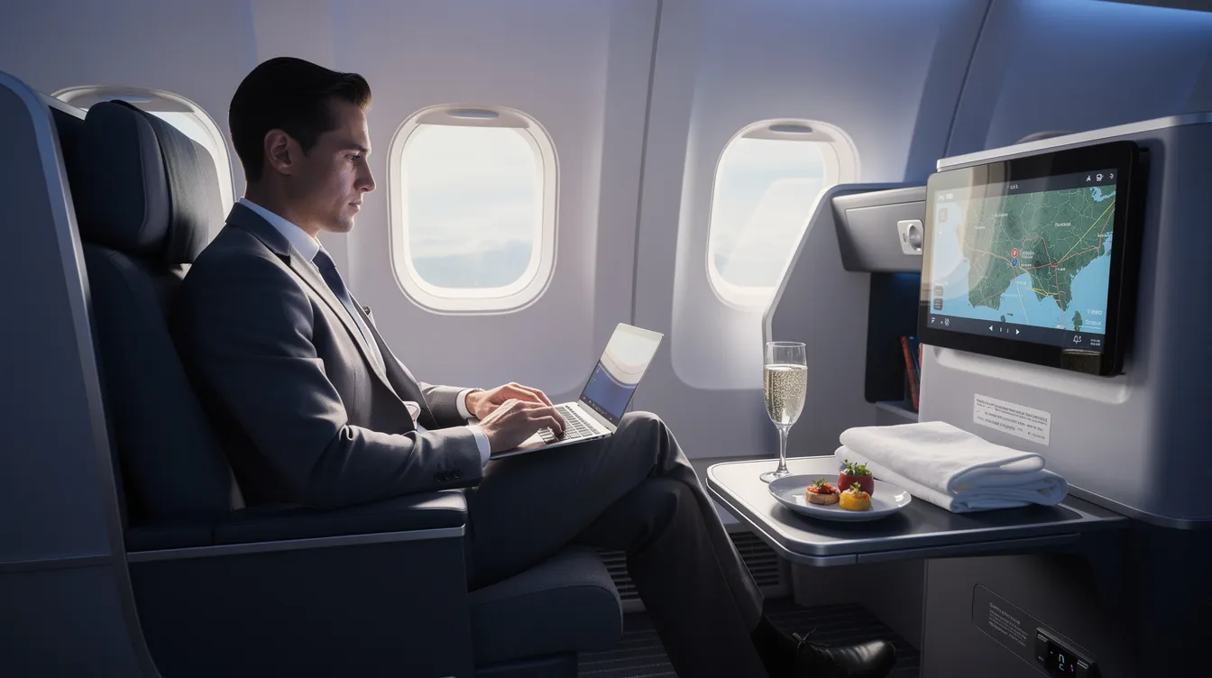 The image depicts a luxurious business class cabin in flight, featuring spacious lie flat seats designed for comfort and privacy. Business class passengers enjoy gourmet meals, complimentary beverages, and a variety of entertainment options, enhancing their travel experience on international flights.