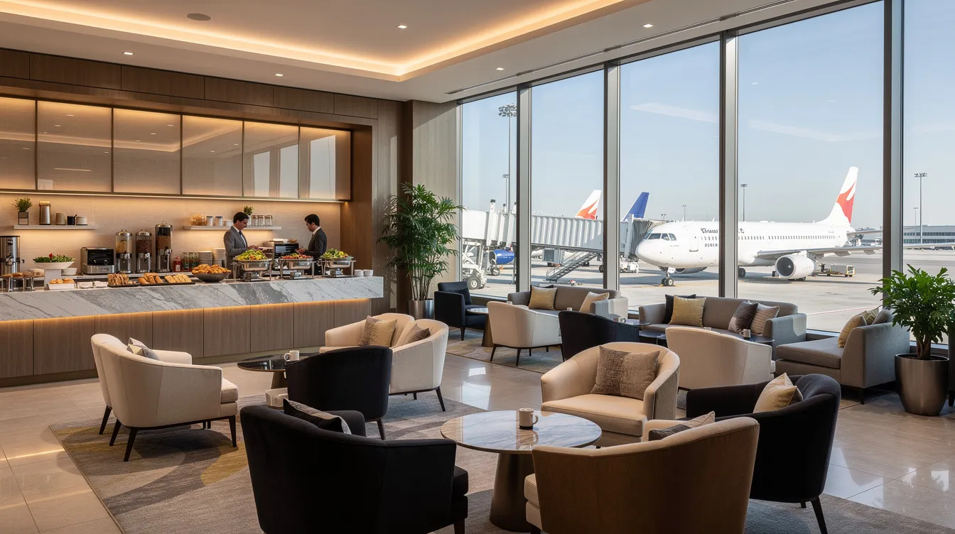 The image depicts an upscale airport lounge featuring comfortable seating and expansive floor-to-ceiling windows that provide a view of aircraft at the gates. A well-stocked food buffet area is visible, catering to business class travelers seeking a relaxing environment before their flights.