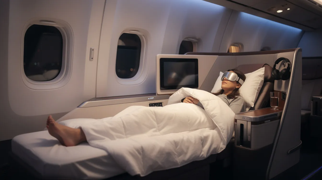 A traveler is peacefully sleeping in a lie-flat business class seat, surrounded by a cozy duvet and pillow, on an overnight flight. The image captures the comfort and luxury of business class travel, showcasing the spacious seating and private space that enhance the flight experience.