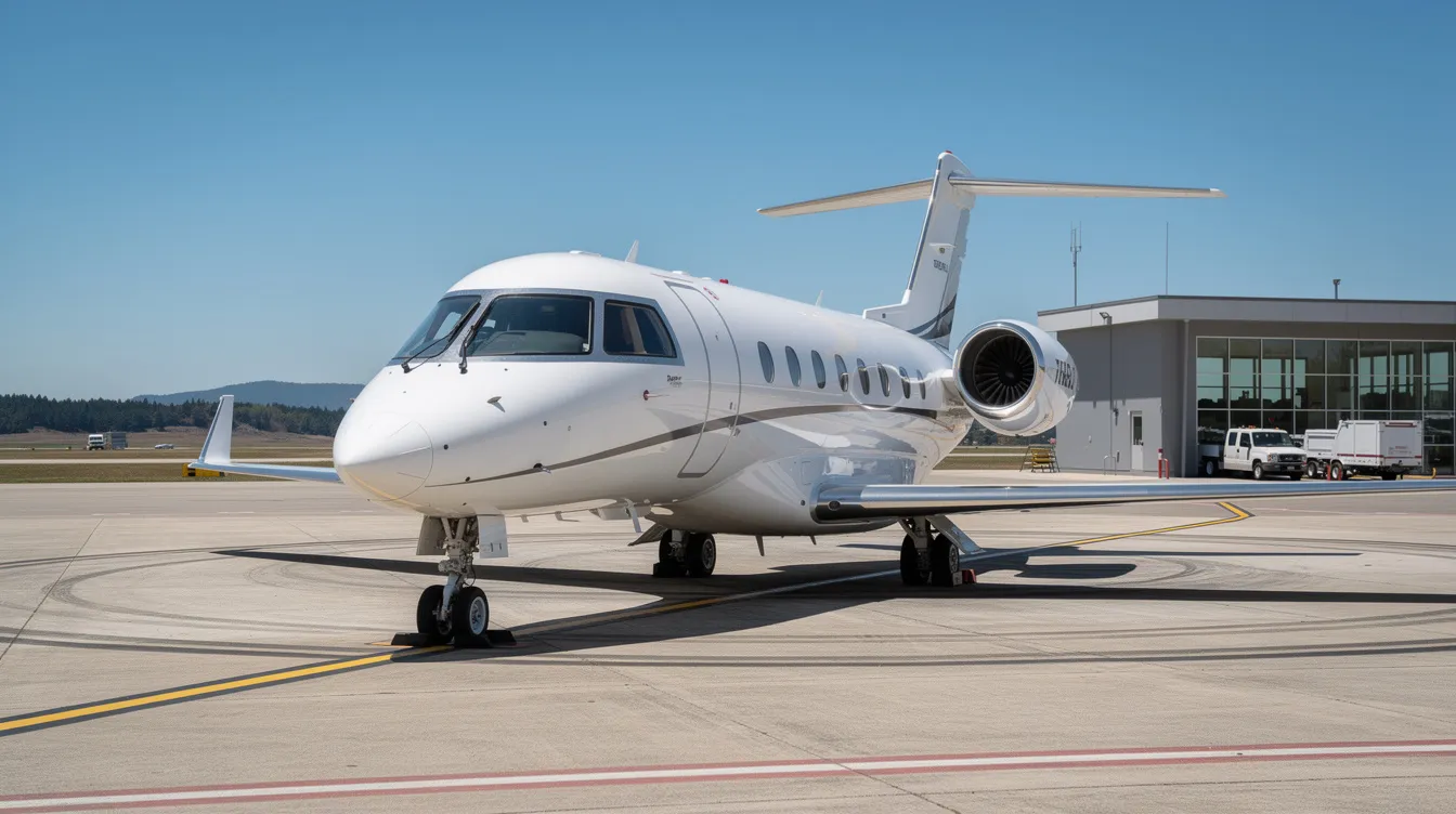 A sleek midsize private jet is parked on the tarmac at a small private airport terminal, set against a clear blue sky, symbolizing the luxury and convenience of business class travel. The scene captures the essence of exclusive airport lounges and the comfort that business class passengers expect during their journeys.