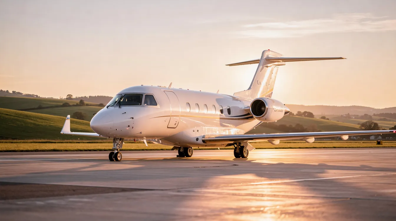 A light private jet is parked on a pristine tarmac during golden hour, with rolling green hills providing a scenic backdrop. This image captures the essence of private aviation, highlighting the comfort and luxury of private jet charters for up to nine passengers.