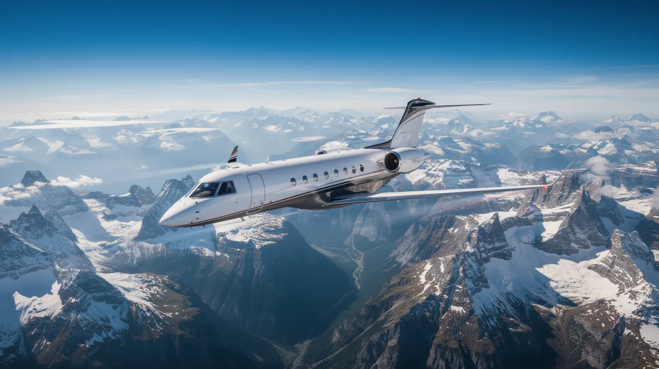 A private jet soars high above a stunning mountain range under a clear blue sky, symbolizing the ultimate client experience in private aviation. This image captures the essence of luxury travel, where up to nine passengers can enjoy a comfortable journey while choosing privateflite aviation for their flight needs.