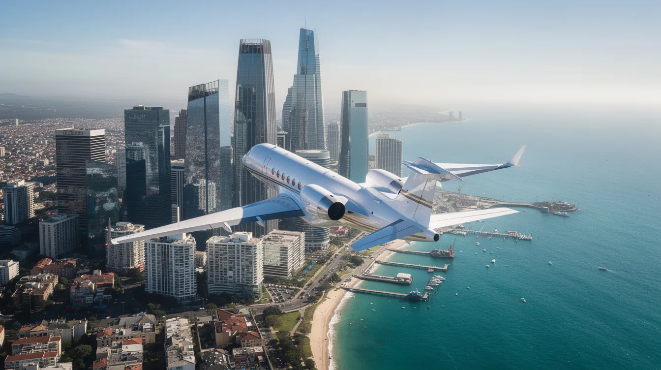 A sleek modern private jet soars above a vibrant coastal city skyline under clear blue skies, showcasing the luxury and efficiency of business jets. The aircraft's design reflects the latest in avionics and comfort, promising an exceptional travel experience for its passengers.