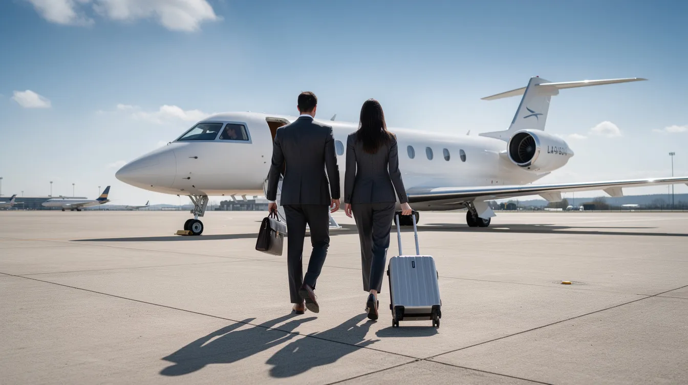 Two business professionals in sleek suits walk confidently toward a luxury private jet on a clear day, highlighting the elegance and convenience of private air travel. The scene captures the essence of business jets, showcasing the accessibility and comfort that come with owning or chartering a private plane.