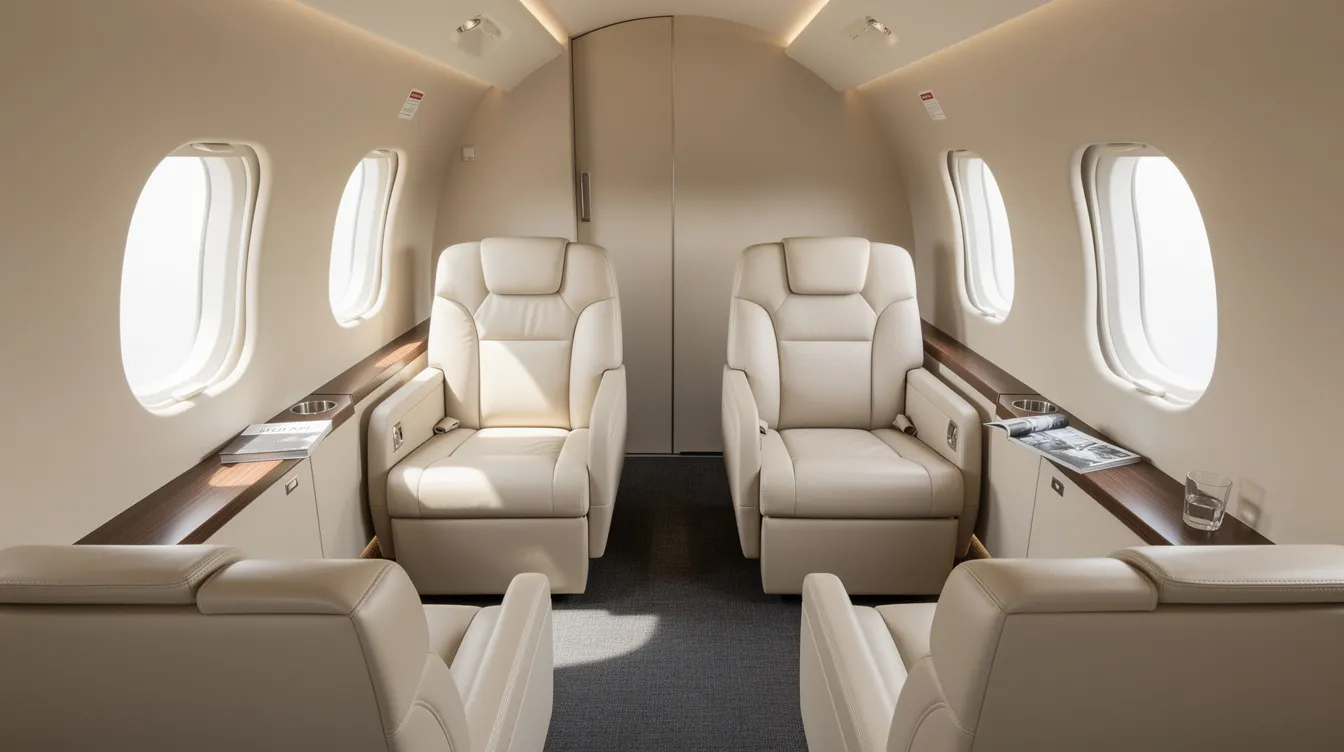 The image depicts the interior of a midsize business jet cabin featuring cream leather seats bathed in natural window light, creating a luxurious and comfortable atmosphere for passengers. This elegant space exemplifies the premium experience offered by private jets, designed for those who value privacy and flexibility while traveling.